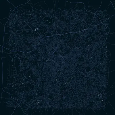 A top down view of a city grid.